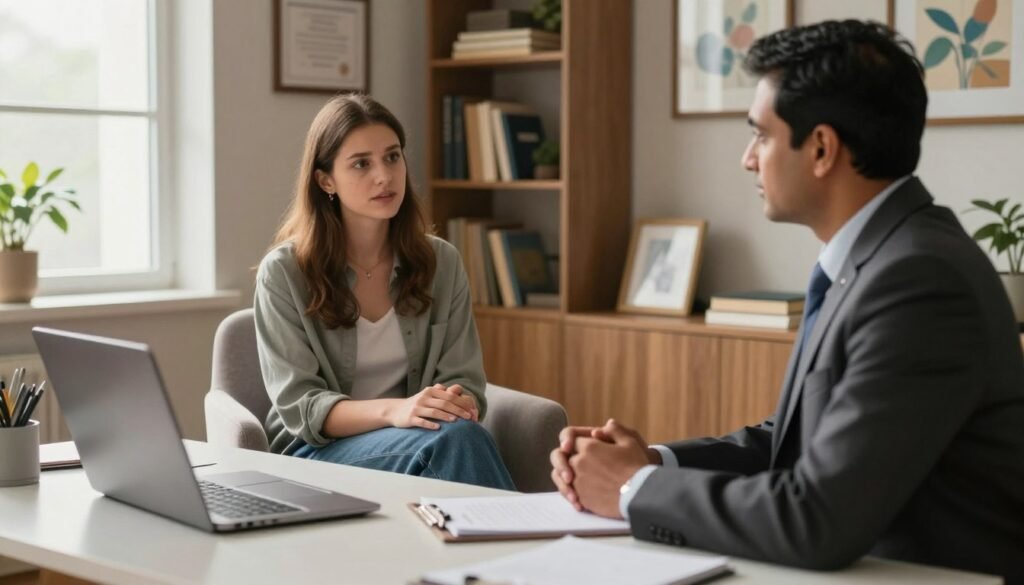 A psychiatrist conducting a medical diagnosis and clinical analysis in a warmly lit office. The foreground features the psychiatrist, a middle-aged South Asian male wearing a professional suit, sitting at a modern desk with a laptop and notes. In the middle ground, a comfortable chair is occupied by a young Caucasian female patient, casually dressed, engaged in attentive conversation. The background includes shelves filled with books on psychology, framed certificates, and calming artwork. Soft, natural light filters in through a window, creating a serene atmosphere that conveys trust and professionalism. The scene captures the essence of a compassionate mental health consultation, emphasizing the psychiatrist's role in understanding and diagnosing mental health issues.