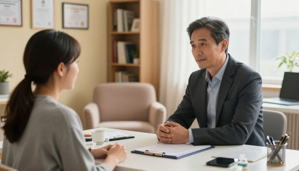 A psychiatrist conducting a mental health consultation in a bright, inviting office. In the foreground, a middle-aged male psychiatrist, wearing a smart, professional outfit, is seated at a modern desk, attentively listening to a female patient, who is casually dressed yet modest. The psychiatrist exudes empathy and professionalism, with a gentle expression. In the mid-ground, a cozy armchair accompanies the desk, creating an intimate setting. The background features warm, calming colors, with certificates and a bookshelf filled with psychology books, suggesting expertise and knowledge. Soft, natural lighting streams through a window, enhancing the welcoming atmosphere. The angle is slightly elevated, capturing both subjects’ expressions and the cozy details of the office, conveying a feeling of trust and support in mental health care.