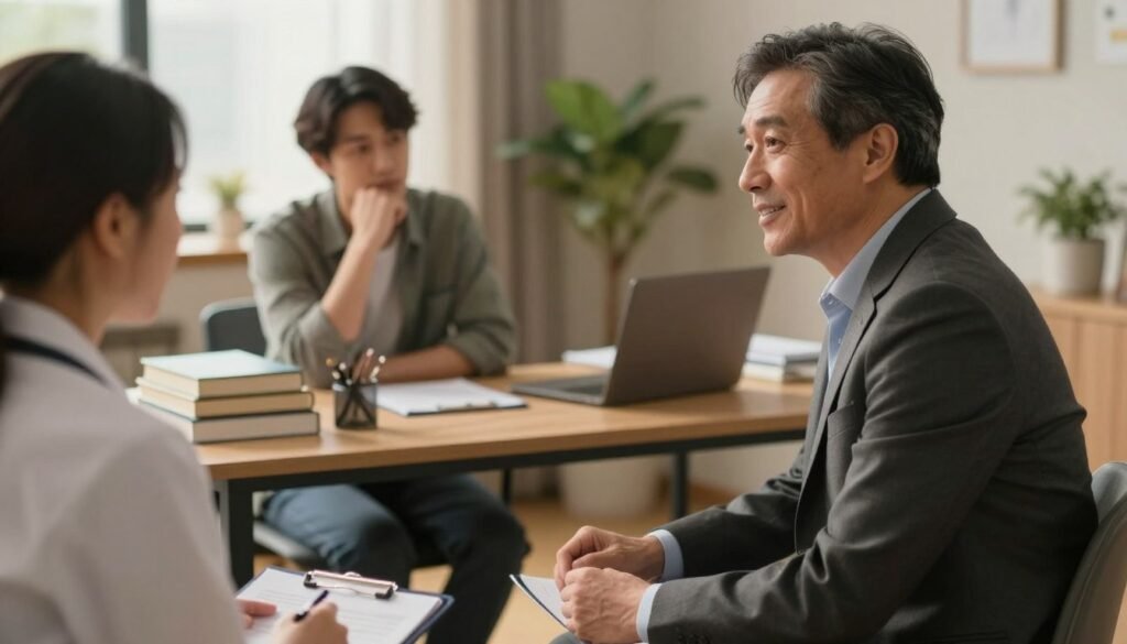 A psychiatrist in a professional office setting, engaged in a compassionate discussion with a patient. The foreground features the psychiatrist, a middle-aged person in a tailored suit, attentively listening, with a warm expression. The patient, a young adult, sits opposite, dressed in casual yet modest attire, visibly expressing concern. In the middle ground, a desk cluttered with books, a laptop, and a notepad indicates an active work environment. The background shows warm, soft lighting from a window, creating a serene atmosphere with plant decor. The image captures an emotional moment, conveying understanding and professionalism, enhancing the theme of mental health care. The shot is framed from a slightly high angle, emphasizing the connection between the psychiatrist and the patient.