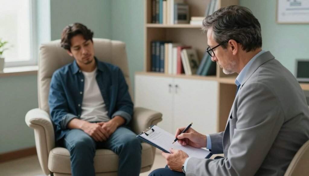 A psychiatrist in a professional office setting is conducting a diagnostic session for burnout syndrome. In the foreground, a middle-aged psychiatrist, wearing a smart blazer and glasses, attentively analyzes notes and a patient's responses, showing empathy and focus. The middle ground features a comfortable therapy chair where a patient, dressed in smart-casual attire, sits across from the psychiatrist, appearing contemplative and slightly fatigued. The background includes shelves filled with psychiatric books, a calming color palette on the walls, and soft, natural lighting filtering through a window, creating a serene atmosphere. The image conveys professionalism and a sense of care, ideal for illustrating the treatment of burnout.
