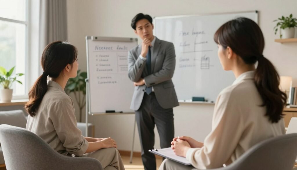 A psychologist and psychiatrist collaborating in a bright, inviting therapy room, showcasing their roles in mental health. The foreground features the psychologist, a woman in smart casual attire, actively engaging with a client seated in a comfortable chair, displaying empathy and attentiveness. In the middle ground, the psychiatrist, a man in professional business attire, stands beside a whiteboard filled with notes, contributing to the discussion with a thoughtful expression. The background includes calming decor, such as plants and soft lighting, enhancing the peaceful atmosphere. The scene is illuminated with warm, natural light filtering through a window, creating a welcoming environment. The composition captures a sense of teamwork, professionalism, and mutual respect between the two professionals.