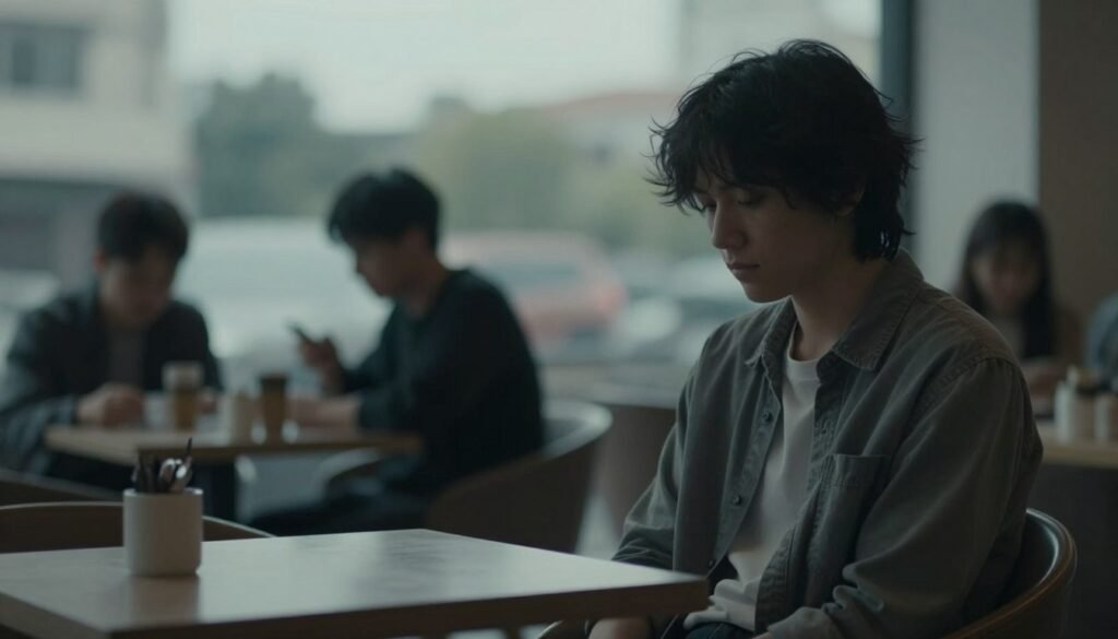 A quiet, introspective moment depicting the concept of "silent depression." In the foreground, a figure sits alone at a café table, dressed in modest casual clothing, with a distant expression, their gaze downward. In the middle ground, the soft outlines of other café patrons are blurred to illustrate their indifference, reinforcing the feeling of isolation. The background fades into a muted cityscape, with overcast skies casting a grey light over the scene. The lighting is soft and diffused, creating a somber mood. The overall atmosphere is one of loneliness and quiet despair, with cool color tones like blues and greys, emphasizing the weight of unspoken struggles.