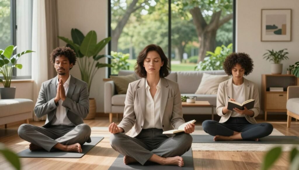 A serene and balanced daily routine reflecting the biopsychosocial model of well-being. In the foreground, a diverse group of three individuals, dressed in professional business attire, practicing self-care activities such as meditating, journaling, and engaging in light exercise. The middle ground displays a cozy home environment with plants, natural light streaming through large windows, and calming decor. In the background, a lush park is visible, symbolizing the connection to nature, mental and social health. The lighting is soft and warm, creating a peaceful atmosphere that encourages mindfulness and balance. The composition should emphasize harmony and resilience, capturing the essence of mental health self-care practices in everyday life.