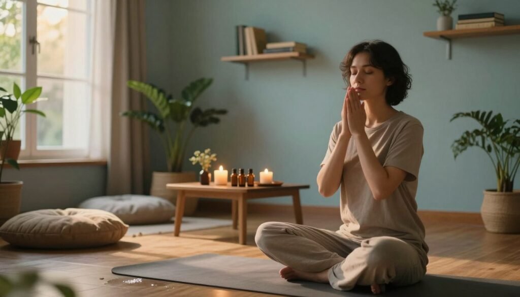 A serene and calming image depicting various relaxation techniques in a peaceful indoor setting. In the foreground, a person in modest casual clothing sits cross-legged on a soft yoga mat, practicing deep breathing. To the left, a gentle stream of warm light cascades through a large window, illuminating cozy cushions and potted plants that enhance the tranquil atmosphere. In the middle, a table holds essential oils and a lit candle, emitting soft, flickering light. The background shows a softly painted wall with soothing colors, perhaps light blues and greens, and a small shelf displaying books on mindfulness and relaxation. The lighting is warm and inviting, creating a serene mood that encourages relaxation and well-being. The composition should suggest harmony, balance, and the importance of self-care in combating insomnia.