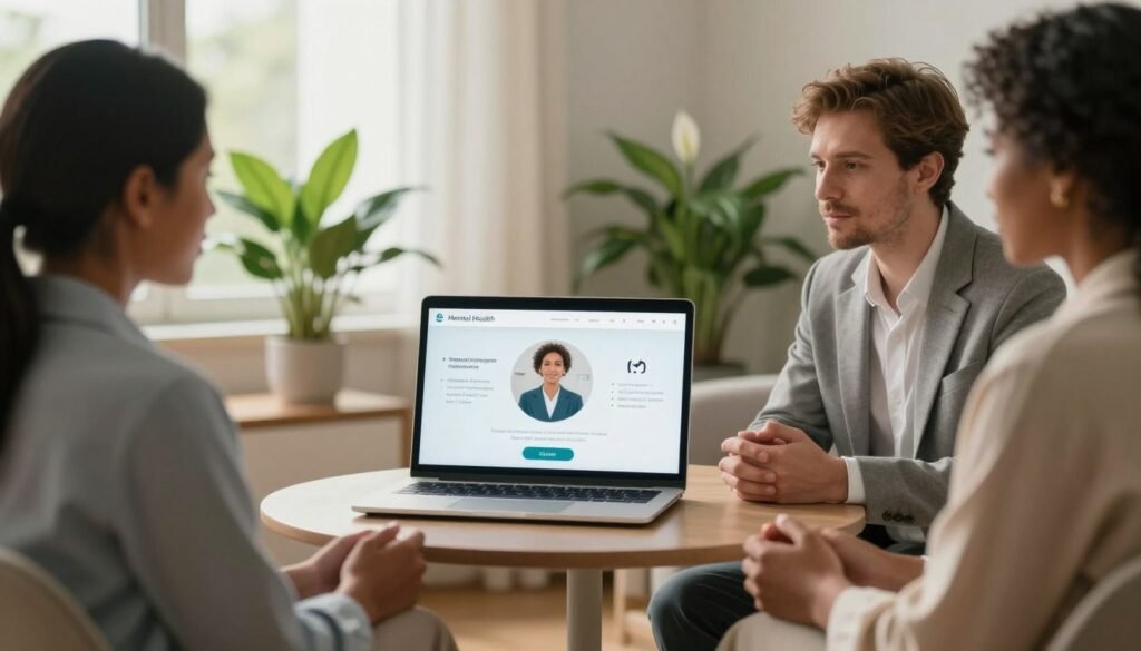 A serene and calming indoor setting illustrating mental health awareness. In the foreground, a diverse group of three professionals, a South Asian woman, a Caucasian man, and a Black woman, all in modest business attire, engaging in a supportive discussion. In the middle, a large, softly glowing laptop displaying a mental health teleconsultation interface, surrounded by positive affirmations and calming plants such as peace lilies. The background features warm, natural lighting filtering through a window, creating a tranquil atmosphere with soft, muted colors. The overall mood is one of encouragement and understanding, inviting viewers to recognize the importance of seeking psychiatric help when needed.