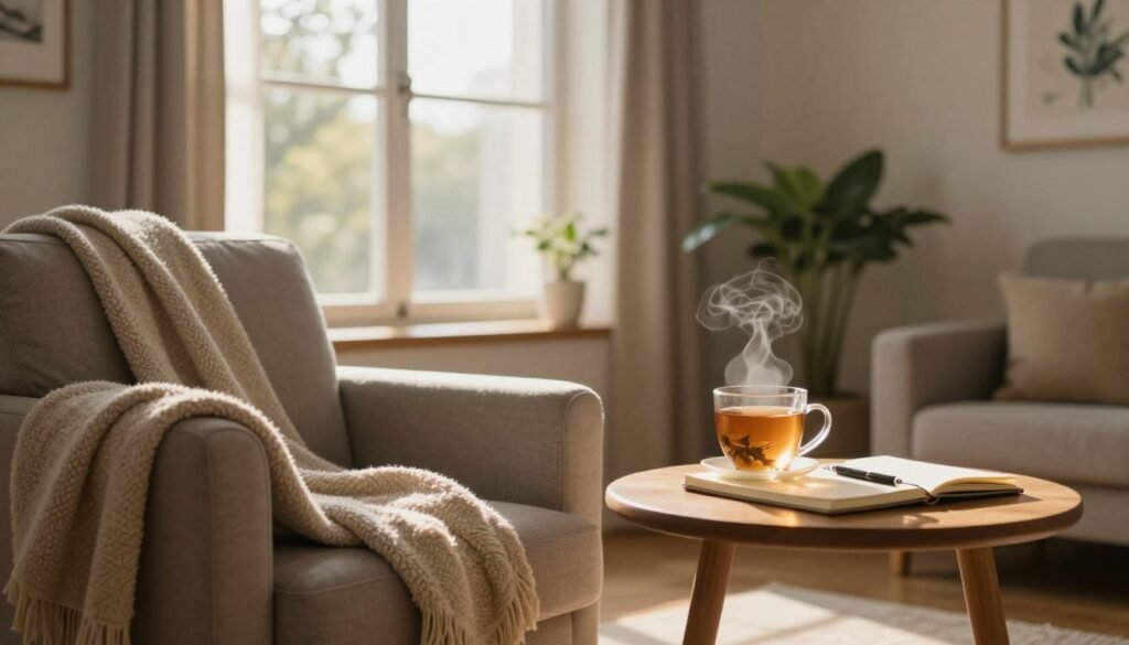 A serene and calming room setting designed for mental wellness recovery. In the foreground, a comfortable armchair in soft, neutral tones with a cozy blanket draped over it. A small wooden table with a steaming cup of herbal tea and a notebook with a pen rests beside the chair. In the middle, a large window allows warm, gentle sunlight to pour in, illuminating the space and creating a peaceful atmosphere. In the background, indoor plants and calming artwork adorn the walls, adding a touch of nature and tranquility. The overall mood is inviting and relaxing, emphasizing the theme of mental health recovery and self-care. The lighting is soft and natural, suggestive of a late afternoon, enhancing the soothing vibe of the environment. A serene and calming room setting designed for mental wellness recovery. In the foreground, a comfortable armchair in soft, neutral tones with a cozy blanket draped over it. A small wooden table with a steaming cup of herbal tea and a notebook with a pen rests beside the chair. In the middle, a large window allows warm, gentle sunlight to pour in, illuminating the space and creating a peaceful atmosphere. In the background, indoor plants and calming artwork adorn the walls, adding a touch of nature and tranquility. The overall mood is inviting and relaxing, emphasizing the theme of mental health recovery and self-care. The lighting is soft and natural, suggestive of a late afternoon, enhancing the soothing vibe of the environment.