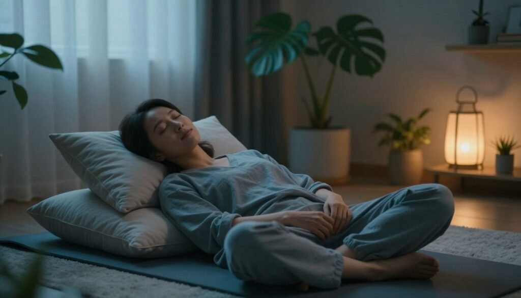 A serene and calming scene depicting relaxation techniques for improving sleep quality. In the foreground, a person in comfortable, modest casual clothing is seated cross-legged on a soft, plush yoga mat, practicing deep breathing techniques. Their eyes are gently closed, and a faint smile suggests tranquility. In the middle ground, soft ambient pillows and a tranquil indoor plant create a peaceful environment, while dimmed, warm light filters through sheer curtains, enhancing the cozy atmosphere. In the background, a softly glowing lantern provides a gentle light source, highlighting the calming palette of soft blues and greens. The overall mood is peaceful, aiming to evoke a sense of relaxation and comfort, ideal for encouraging effective techniques to manage nighttime anxiety.