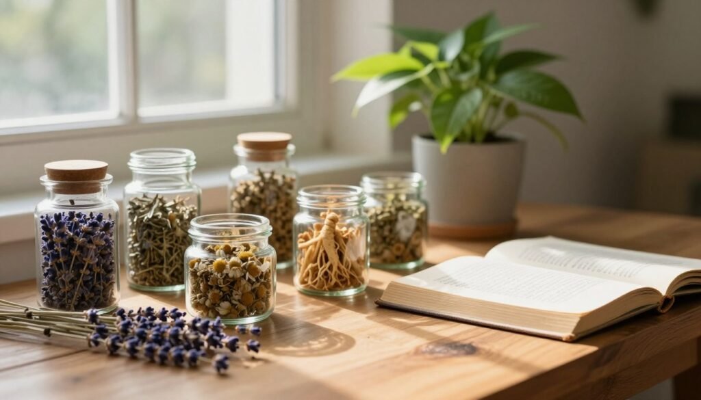 A serene and calming workspace dedicated to natural complementary treatments for depression, featuring a wooden table layered with various herbal remedies like dried lavender, chamomile, and ginseng in glass jars, accompanied by an open book on herbal medicine. In the background, a softly lit window allows natural sunlight to filter in, casting gentle shadows across the scene. A potted plant with lush green leaves sits gracefully on the edge of the table, adding a touch of life. The atmosphere is tranquil and inviting, evoking a sense of hope and healing. The image should highlight the textures of the herbs and the warmth of the sunlight, using a shallow depth of field to focus on the foreground while slightly blurring the background for depth. A serene and calming workspace dedicated to natural complementary treatments for depression, featuring a wooden table layered with various herbal remedies like dried lavender, chamomile, and ginseng in glass jars, accompanied by an open book on herbal medicine. In the background, a softly lit window allows natural sunlight to filter in, casting gentle shadows across the scene. A potted plant with lush green leaves sits gracefully on the edge of the table, adding a touch of life. The atmosphere is tranquil and inviting, evoking a sense of hope and healing. The image should highlight the textures of the herbs and the warmth of the sunlight, using a shallow depth of field to focus on the foreground while slightly blurring the background for depth.