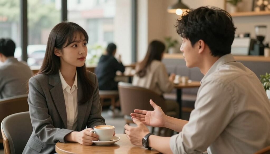 A serene and compassionate scene depicting two people engaged in a thoughtful, empathetic conversation about mental health. In the foreground, a young woman in professional business attire, with a gentle expression, listens attentively to a man in modest casual clothing, who is expressing himself with open body language. The middle ground features a softly lit, inviting coffee shop environment, with warm natural light filtering through large windows. Comfortable seating arrangements and calming decor enhance the atmosphere. The background shows blurred silhouettes of other patrons, suggesting a supportive community. Overall, the mood is one of understanding and reassurance, emphasizing the importance of effective communication in mental health discussions.