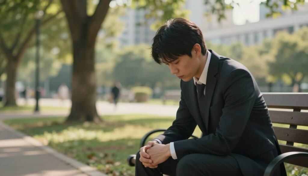 A serene and contemplative scene depicting a person experiencing physical and emotional symptoms of anxiety. In the foreground, a young adult in professional attire sits on a park bench, head slightly bowed with a worried expression. Their body language conveys tension, with hands clasped tightly. In the middle ground, soft-focus trees and a gentle pathway create a tranquil park atmosphere. Subtle light filters through the leaves, casting dappled shadows that enhance the feeling of introspection. The background features a blurred cityscape, symbolizing the external pressures contributing to anxiety. The overall mood is one of reflection and quiet distress, emphasizing the importance of recognizing physical and emotional symptoms. The lighting is warm and soft, evoking a sense of calm despite the subject's discomfort.