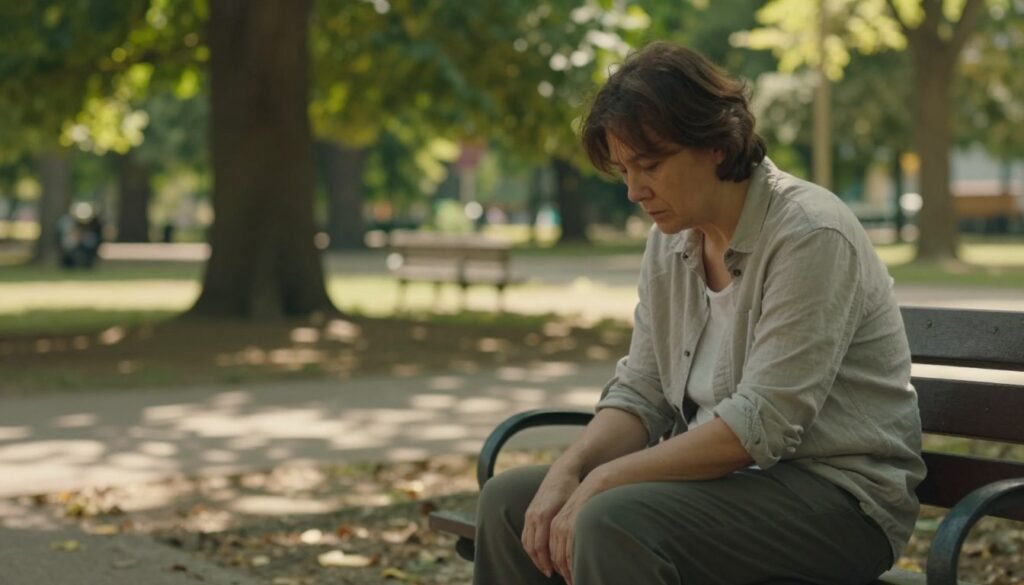 A serene and contemplative scene depicting a person sitting on a wooden bench in a peaceful park, surrounded by lush trees. The foreground shows a middle-aged individual dressed in modest, casual clothing, with a gently somber expression, gazing at the ground, reflecting on their thoughts and emotions. In the middle background, soft sunlight filters through the leaves, casting dappled shadows on the ground, symbolizing a sense of calm yet lingering sorrow. The atmosphere is tranquil and introspective, evoking feelings of reflection on the duration of grief and the factors influencing it. The image should capture a warm, soft color palette with natural lighting to enhance the emotional depth, using a slight depth of field to focus on the individual while gently blurring the background.