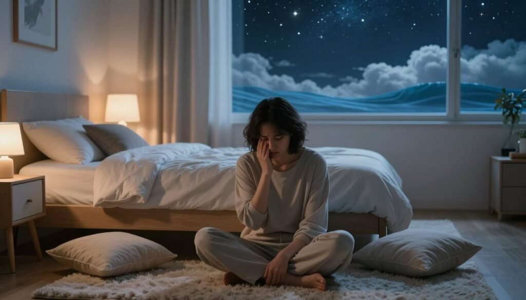 A serene and contemplative scene illustrating the cyclical relationship between rest and anxiety. In the foreground, a person in comfortable, modest loungewear sits cross-legged on a plush rug, surrounded by soft pillows, their expression reflecting deep thought. The middle layer features a cozy bedroom with a neatly made bed, warm lighting from a bedside lamp casting soft shadows, and a window showing a starry night sky. In the background, gentle waves of an abstract blue color blend into wispy, white clouds, symbolizing the ebb and flow of anxiety and calm. The overall mood is tranquil yet introspective, with a focus on balance and emotional reflection, in a soft, dreamy atmosphere reminiscent of a peaceful night.