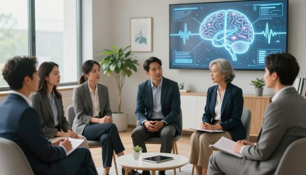 A serene and contemplative scene reflecting the future of mental health treatment. In the foreground, a diverse group of individuals in professional business attire are engaged in a discussion, sharing their perspectives on mental wellness. The middle ground features a modern therapy space, with soft, natural lighting filtering through large windows, creating an inviting atmosphere. A potted plant and soothing artwork are visible, enhancing feelings of comfort. In the background, a digital representation of brainwaves and neural connections symbolizes innovative future treatments. The overall mood is hopeful and collaborative, focusing on progress and understanding, evoking a sense of unity in addressing mental health challenges.