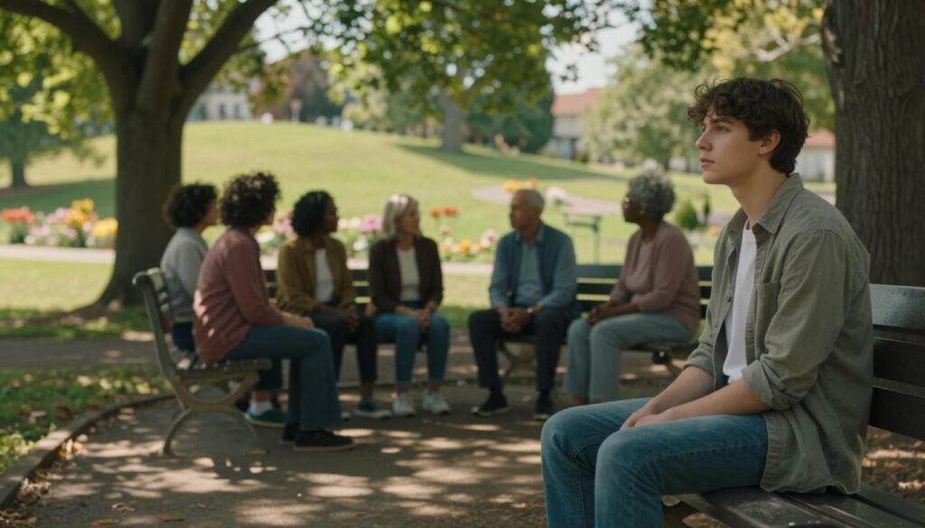 A serene and contemplative scene representing mental health, featuring a diverse group of people in a tranquil park setting. In the foreground, a young person dressed in casual attire sits on a bench, gazing thoughtfully into the distance. In the middle ground, a small group of individuals of different ages engages in a supportive conversation, radiating empathy and understanding. Soft, ambient sunlight filters through lush trees, creating dappled shadows on the ground, which adds a warm and hopeful atmosphere. The background features a peaceful landscape with gentle hills and blooming flowers, symbolizing growth and healing. The overall mood is reflective and encouraging, aimed at fostering awareness and understanding about mental health concerns.