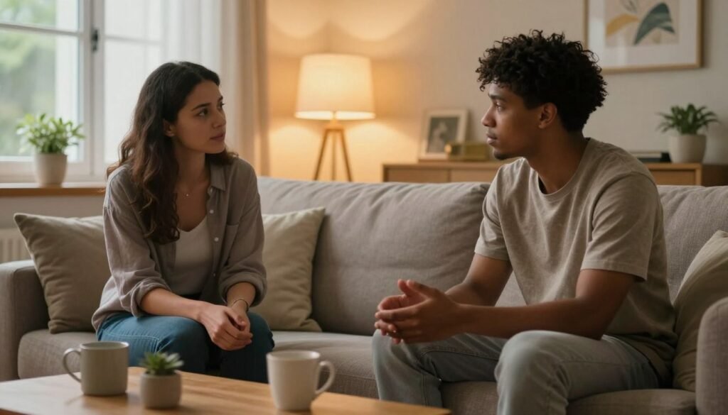 A serene and cozy indoor setting depicting a peaceful conversation about mental health and emotional support. In the foreground, two diverse individuals, a man and a woman, sit comfortably on a soft couch, both dressed in modest casual clothing, engaged in a heartfelt discussion. The woman's expression shows empathy, while the man appears open and receptive. In the middle ground, a warm light emanates from a nearby window, softly illuminating the scene and creating a welcoming atmosphere. A coffee table with a few mugs and a plant adds to the homely vibe. In the background, calming artwork and gentle decor enhance the sense of a safe space. The overall mood is supportive, warm, and inviting, emphasizing connection and understanding.