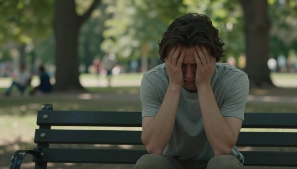 A serene and expressive depiction of a person experiencing physical and emotional symptoms of anxiety. In the foreground, a young adult in modest casual clothing sits on a park bench, cradling their head in their hands, with a worried expression. Soft light filters through leaves in the middle ground, creating a gentle, dappled effect on the scene. In the background, a tranquil park setting with blurred silhouettes of trees and distant figures in leisurely activities conveys a sense of disconnect, emphasizing the interior struggle against the calm surroundings. The overall mood is contemplative, highlighting the contrast between inner turmoil and exterior peace, with a focus on the human experience of anxiety in a relatable, everyday context. A serene and expressive depiction of a person experiencing physical and emotional symptoms of anxiety. In the foreground, a young adult in modest casual clothing sits on a park bench, cradling their head in their hands, with a worried expression. Soft light filters through leaves in the middle ground, creating a gentle, dappled effect on the scene. In the background, a tranquil park setting with blurred silhouettes of trees and distant figures in leisurely activities conveys a sense of disconnect, emphasizing the interior struggle against the calm surroundings. The overall mood is contemplative, highlighting the contrast between inner turmoil and exterior peace, with a focus on the human experience of anxiety in a relatable, everyday context.