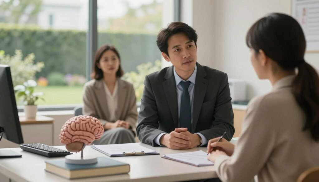 A serene and focused psychiatrist's office, blending elements of neuroscience and psychiatry. In the foreground, a neatly organized desk with a brain model and psychiatric textbooks, suggesting the connection between mind and brain. In the middle, a professional psychiatrist in business attire is engaged in thoughtful discussion with a patient, who is comfortably seated and attentive. The background features large windows with soft natural light pouring in, showcasing a calming garden view. The atmosphere is warm and welcoming, evoking a sense of safety and trust. Use a soft focus to enhance the connection between the subjects and their environment, captured at eye-level for an intimate perspective.