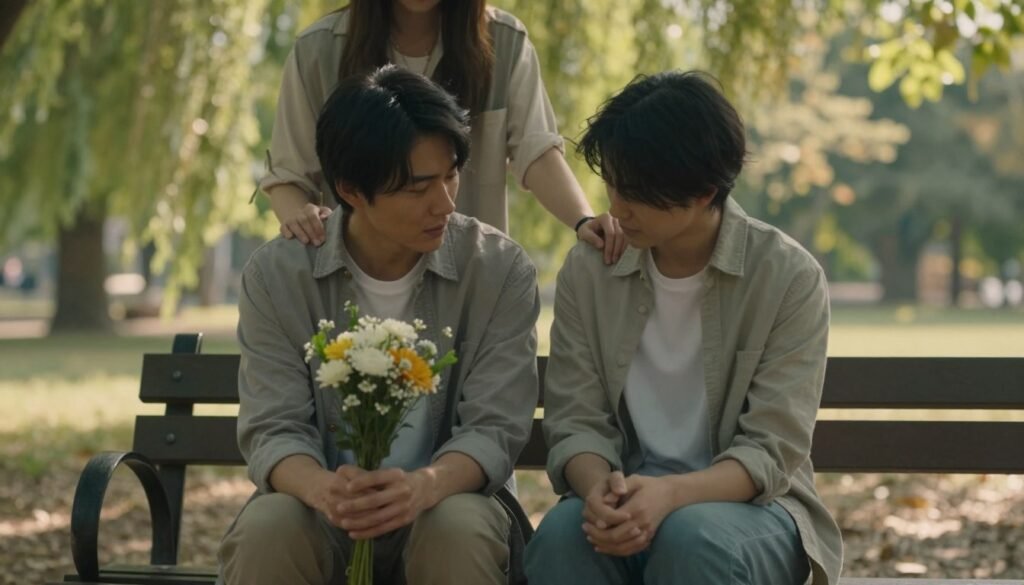 A serene and introspective scene illustrating the emotional process of grief and emotional support. In the foreground, a figure in modest casual clothing sits on a park bench, gazing thoughtfully at a small bouquet of flowers in their hands, symbolizing remembrance. The middle ground features a supportive friend, also in casual attire, gently placing a hand on the person's shoulder, providing comfort. The background showcases a tranquil park setting with softly flowing trees and gentle sunlight filtering through the leaves, creating a warm and inviting atmosphere. The lighting is soft and diffused, evoking a sense of calm and understanding. The overall mood is reflective, capturing the essence of grief and the importance of emotional support during healing.