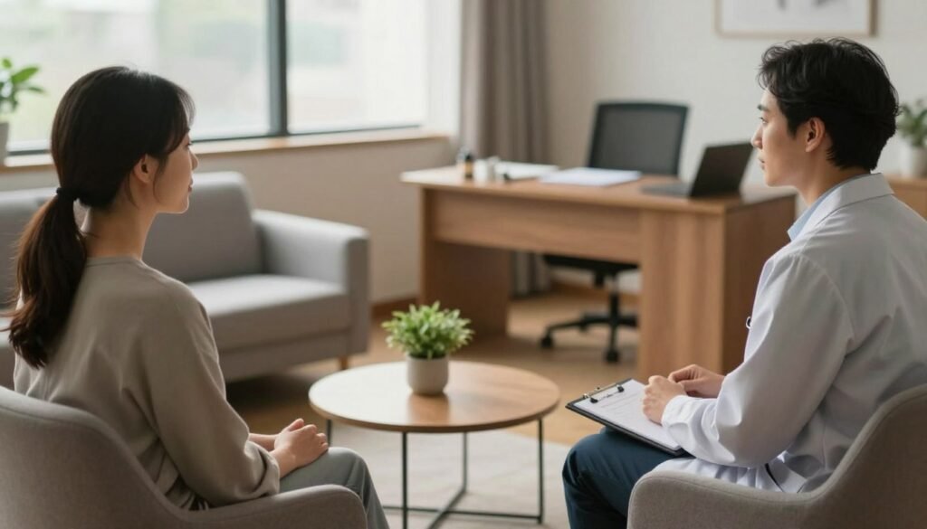 A serene and inviting consultation room for a mental health session, featuring a comfortable chair across from a desk. In the foreground, a professional psychiatrist dressed in smart casual attire is listening attentively to a patient, who appears relaxed and open, wearing modest casual clothing. In the middle ground, a small coffee table with a plant and a notepad sits between them, emphasizing a warm and welcoming atmosphere. The background includes soft lighting, with large windows allowing natural light to pour in, creating a calming ambiance. The scene should evoke feelings of trust, safety, and support, showcasing a first mental health consultation with an emphasis on professionalism and comfort. The angle is slightly tilted to capture both the psychiatrist and the patient effectively.