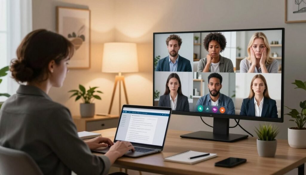 A serene and inviting consulting room designed for online psychiatric care, featuring a modern desk with a laptop open to a mental health platform. In the foreground, a diverse group of three individuals, dressed in professional business attire, engaged in a virtual therapy session on a large screen. They display calm and focused expressions, representing a range of emotions and conditions such as anxiety, depression, and stress management. The middle ground showcases warm lighting emanating from a stylish lamp, providing a cozy atmosphere. The background includes calming artwork on the walls and green plants for a touch of nature, creating a peaceful and supportive environment for mental health discussions. The overall mood is one of comfort, professionalism, and accessibility.