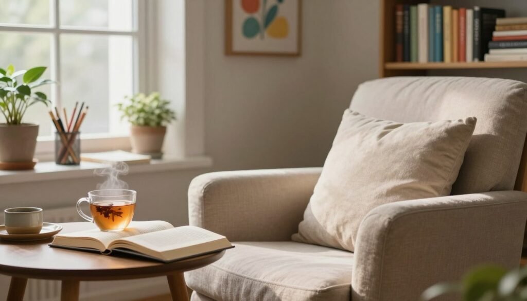A serene and inviting indoor scene showcasing a cozy reading nook. In the foreground, a comfortable armchair with plush cushions beside a small table holding an open book and a steaming cup of herbal tea. The middle ground features a window with soft, natural light streaming in, illuminating a few potted plants and art supplies scattered on a desk. In the background, a wall adorned with calming artwork and shelves filled with colorful books. The atmosphere is tranquil and warm, promoting a sense of emotional balance and relaxation. The lighting is soft and diffused, enhancing the inviting mood. Overall, the image captures the essence of hobbies and pleasurable activities that alleviate anxiety, creating a harmonious and peaceful environment.