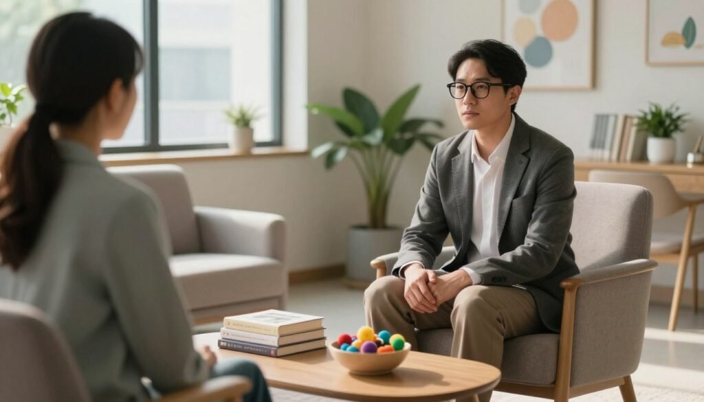 A serene and inviting indoor setting featuring a cozy waiting area in a mental health clinic. In the foreground, a professional psychiatrist with glasses, wearing a smart casual outfit, sits attentively in an armchair, listening empathetically to a patient seated across from them. The middle ground shows a coffee table with a stack of mental health books and a bowl of stress-relief toys. Soft, natural light filters through large windows, creating a warm, comforting atmosphere. In the background, calming artwork and indoor plants enhance the tranquil environment. The mood conveys understanding and support, inviting viewers to recognize the importance of seeking help.