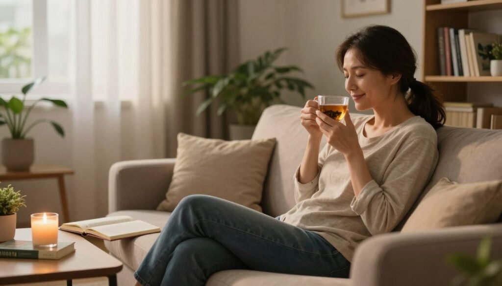 A serene and inviting living room setting featuring a tired yet peaceful mother taking a moment for self-care. In the foreground, the mother sits comfortably on a soft couch, wearing modest, casual clothing, with a content smile while sipping herbal tea. In the middle, a small coffee table displays a soothing candle, a journal, and a few self-help books. The background features warm lighting filtering through sheer curtains, creating a cozy atmosphere filled with houseplants and a bookshelf filled with uplifting literature. The overall scene conveys a sense of calm, warmth, and the importance of taking time for oneself to prevent maternal burnout. Soft focus on the background enhances the feeling of tranquility.