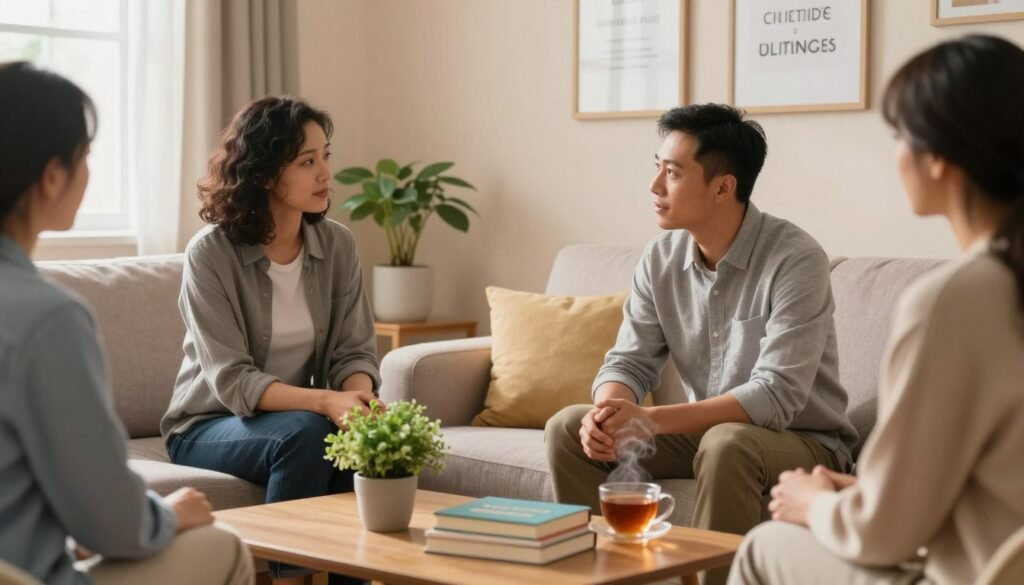 A serene and inviting mental health support setting, featuring a warm, well-lit room with comfortable seating. In the foreground, a diverse group of two adults, one male and one female, sit on a cozy sofa engaged in an empathetic conversation, dressed in smart casual attire. The middle ground includes a coffee table adorned with a small green plant, a stack of self-help books, and a steaming cup of tea, symbolizing nurturing and support. The background reveals soft, pastel-colored walls with inspirational quotes framed artfully. Gentle natural light filters in through a window, creating a calm and soothing atmosphere, evoking feelings of safety and trust essential for discussing mental health.