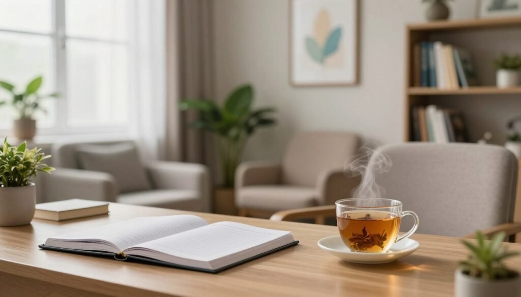 A serene and inviting office environment, emphasizing mental health consultations. In the foreground, a neatly arranged desk with a professional-looking appointment book and a steaming cup of herbal tea. In the middle, a soothingly decorated consultation room featuring soft lighting from a window with sheer curtains, plants, and framed calming artwork on the walls. A welcoming chair opposite the desk invites the viewer to sit. In the background, a soft-focus bookshelf filled with wellness literature suggests a focus on mental health. The mood is calm and supportive, evoking a sense of trust and comfort. The overall color palette consists of soft earth tones and greens, creating a harmonious atmosphere conducive to mental well-being.