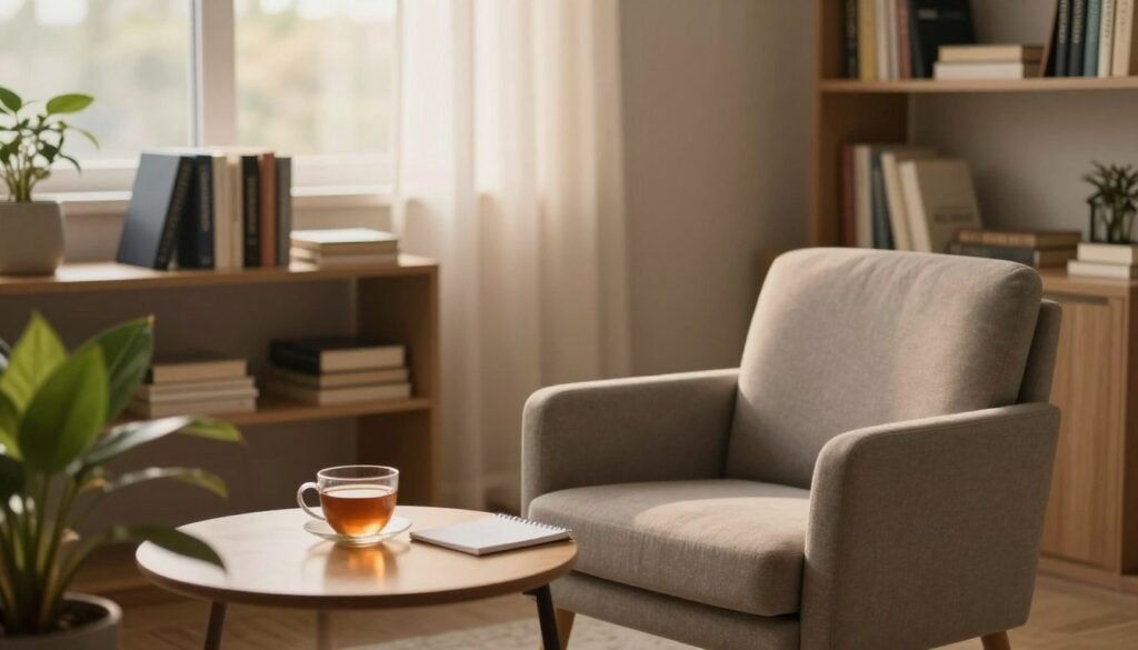 A serene and inviting office space that represents mental health, featuring a comfortable armchair and a small coffee table with a cup of tea and a notepad. In the foreground, a soothing indoor plant adds a touch of nature. The middle ground features a warm, softly lit room with shelves filled with books on psychology and self-help. The background displays a gentle window light filtering through sheer curtains, casting a warm glow across the scene. The atmosphere is calm and professional, evoking a sense of safety and support. Soft, neutral colors dominate the palette, creating a tranquil environment. Capture this scene from a slightly elevated angle to provide depth, enhancing the feeling of a welcoming and supportive space for mental health evaluation.