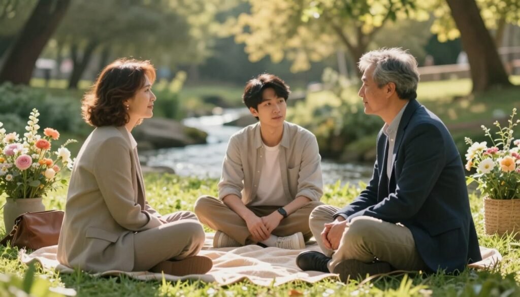 A serene and inviting outdoor scene depicting a small, comfortable gathering. In the foreground, a diverse group of three individuals—a middle-aged woman in professional attire, a young man in modest casual clothing, and a mature man in a blazer—engaged in a thoughtful conversation. They sit on a cozy blanket spread on the grass, surrounded by greenery and soft blooming flowers. In the middle ground, a few calming elements like a gentle flowing stream and soft sunlight filtering through the trees create a tranquil atmosphere. The background features blurred trees, enhancing the focus on the group. The lighting is warm and soft, evoking a sense of warmth and support, ideal for discussing mental health. The overall mood is calm, empathetic, and encouraging.