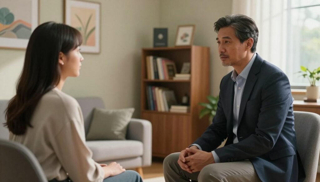 A serene and inviting psychiatric office setting, featuring a calm, professional psychiatrist discussing with a patient. In the foreground, a diverse, middle-aged male psychiatrist in smart business attire maintains a compassionate expression while seated across from a young woman dressed in modest casual clothing. The patient appears engaged, reflecting hope and openness. In the middle background, soft-colored walls adorned with calming artwork and a bookshelf filled with psychology books enhance the ambiance. Natural light filters through a window, casting gentle shadows that emphasize the warmth of the environment. The overall atmosphere conveys tranquility, support, and emotional safety, emphasizing the importance of psychiatric care for mental well-being.