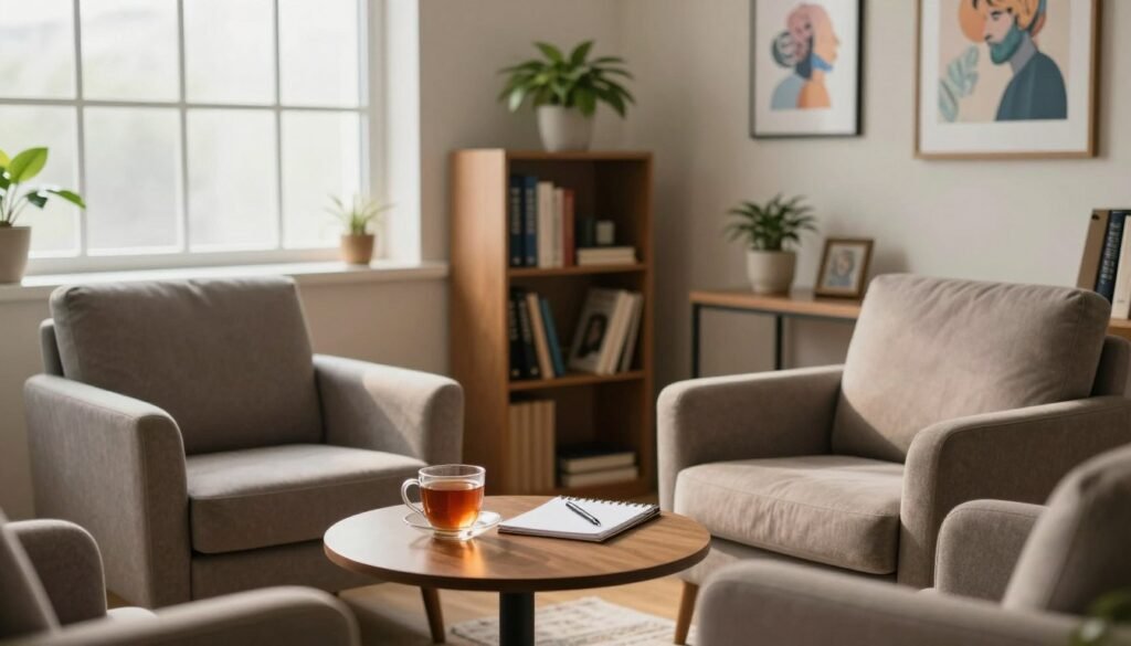 A serene and inviting psychiatrist's office, featuring a comfortable seating area with plush armchairs and a small round table with a notepad and a pen. In the foreground, a warm cup of tea rests on the table, symbolizing comfort and openness. The middle ground showcases a large window allowing soft, natural light to filter in, illuminating a bookshelf filled with psychiatry textbooks and decorative plants, promoting a calming atmosphere. In the background, calming artwork related to mental health is displayed on the walls. The scene is captured from a slightly elevated angle to emphasize the inviting nature of the space, creating a sense of professionalism and tranquility. The overall mood is one of empathy and warmth, conducive to therapy and learning.