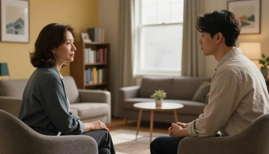 A serene and inviting psychiatrist's office, featuring a comfortable, softly-lit therapy space. In the foreground, a professional psychiatrist, a middle-aged woman in smart casual attire, sits across from a client, a young man in a modest shirt, looking contemplative and engaged. The background includes warm-colored walls adorned with calming artwork and a bookshelf filled with psychology books. A large window allows natural light to flood the room, enhancing the tranquil atmosphere. Soft shadows play across the room, creating depth and a sense of quiet reflection. The mood is contemplative and supportive, conveying a safe environment for open conversation about mental health. The composition should evoke a sense of professionalism, comfort, and approachability without any distractions.