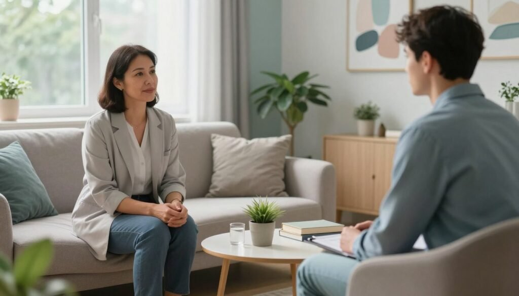 A serene and inviting psychiatrist's office with soft, natural lighting filtering through a large window. In the foreground, a compassionate psychiatrist, a middle-aged woman in professional attire, sits across from a patient, a young adult male dressed in modest casual clothing. Their expressions convey a sense of understanding and dialogue, fostering a welcoming atmosphere. In the middle, a comfortable sofa and a small coffee table with calming decor items like plants and books are visible. In the background, the walls are painted in soothing colors, adorned with abstract art pieces, creating a tranquil environment that reflects the mental health theme. The image captures a positive and supportive mood, emphasizing the importance of mental health consultations covered by health plans.