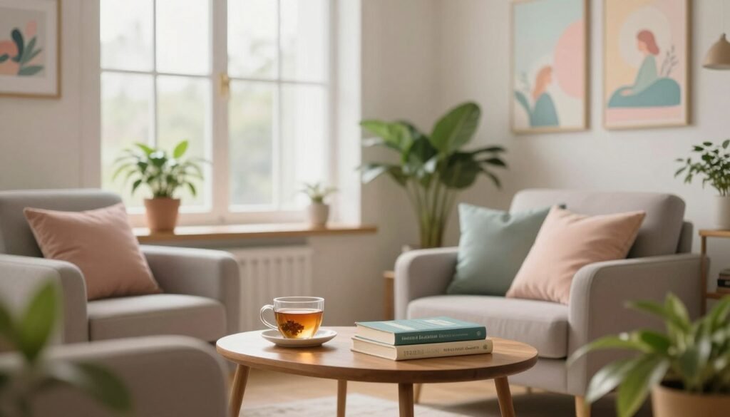 A serene and inviting room dedicated to mental health, featuring a cozy therapist's office. In the foreground, a comfortable armchair is surrounded by potted plants and soft cushions, conveying warmth and safety. In the middle ground, a wooden coffee table holds a calming cup of herbal tea and a stack of inspirational books about mental well-being. In the background, large windows let in soft, natural light, illuminating calming pastel wall art that represents peace and self-discovery. The atmosphere is tranquil and nurturing, evoking a sense of hope and self-care. Use soft focus and a warm color palette to enhance the comforting mood, ensuring a professional appearance without distractions.
