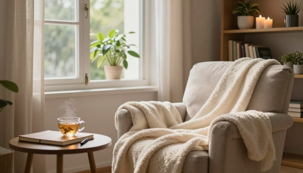 A serene and inviting scene illustrating self-care for mental health, set in a cozy, sunlit room with soft, warm lighting. In the foreground, a comfortable armchair draped with a soft blanket, surrounded by a small side table holding a cup of herbal tea, a journal, and a pen. In the middle, an open window showing a gently swaying green plant, contributing to a calming atmosphere. In the background, a bookshelf filled with uplifting books and decorative items like candles and plants. The overall mood is tranquil, encouraging relaxation and mindfulness, with a soft focus on elements that promote peace and self-reflection. The composition emphasizes warmth, comfort, and a sense of well-being, with no human figures present.