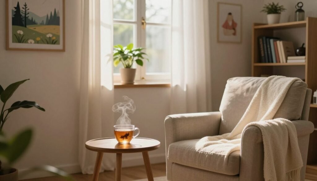 A serene and inviting therapy room, illuminated by soft, warm lighting that casts gentle shadows, creating a peaceful atmosphere. In the foreground, a comfortable armchair draped with a light blanket sits beside a small table with a steaming cup of herbal tea. In the middle ground, a wall filled with soothing artwork depicting nature, promoting mental well-being. A potted plant on the windowsill adds a touch of life, while sunlight filters through sheer curtains, enhancing the calm vibe. In the background, a bookshelf filled with psychology books and calming decor. The image captures a sense of safety and the importance of mental health support, evoking feelings of comfort and hope for those seeking specialized medical help.