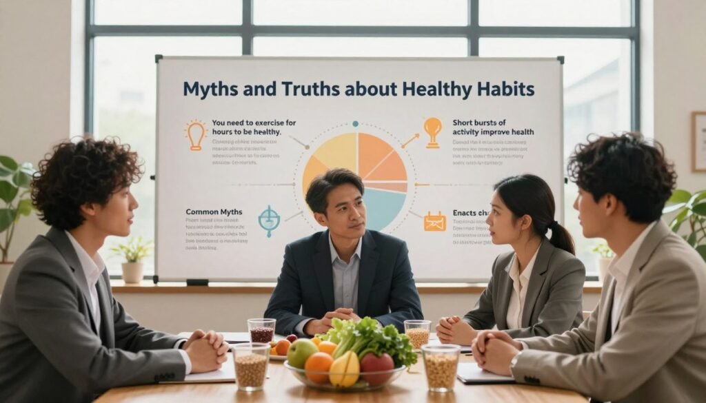 A serene and inviting workspace illustrating the theme "Myths and Truths about Healthy Habits." In the foreground, a diverse group of three professionals dressed in smart business attire are engaged in a discussion around a table filled with healthy foods like fruits, vegetables, and whole grains. In the middle ground, an infographic style backdrop showcases illustrations of common myths, such as “You need to exercise for hours to be healthy,” contrasted with facts like “Short bursts of activity improve health.” The background features a large window allowing natural light to flood the room, creating a warm and uplifting atmosphere. The overall composition should evoke a sense of collaboration, empowerment, and positivity towards mental well-being and healthy living.