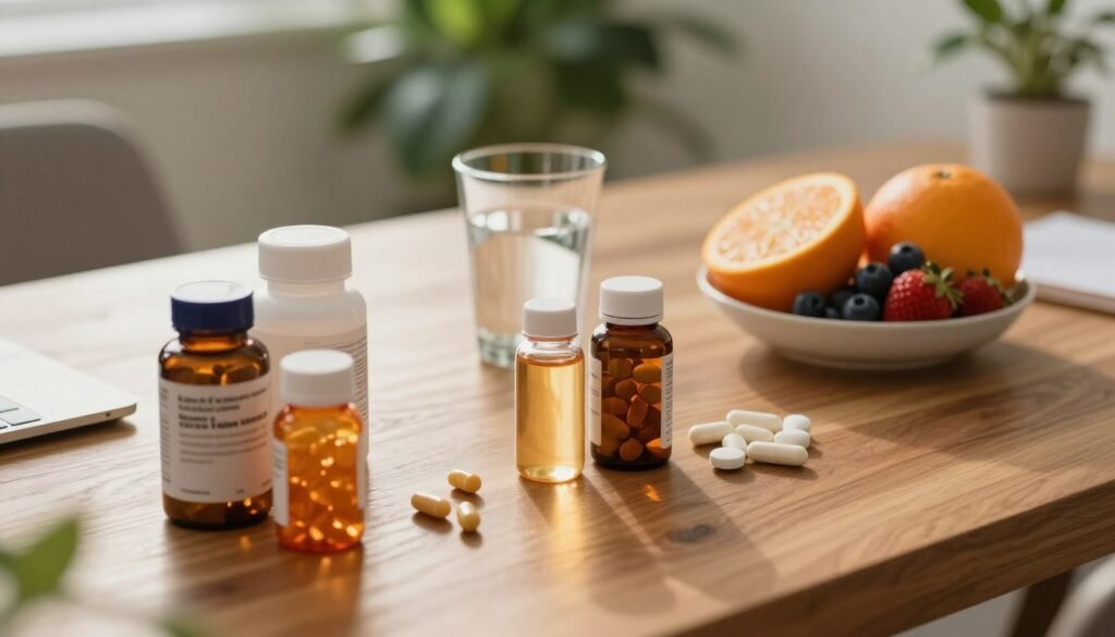 A serene and inviting workspace showcasing a variety of vitamin supplements arranged thoughtfully on a polished wooden table. In the foreground, several colorful vitamin bottles and capsules are neatly displayed, with a light reflecting off their surfaces to create a sparkling effect. In the middle ground, a glass of water and a small bowl containing fresh fruits, such as oranges and berries, provide a wholesome touch. The background features soft, blurred green plants that suggest a calming atmosphere, symbolizing wellness and vitality. The scene is illuminated by warm, natural light, creating a cozy and professional ambiance. Capture this image with a slight top-down angle to emphasize the arrangement and evoke a sense of clarity and health.