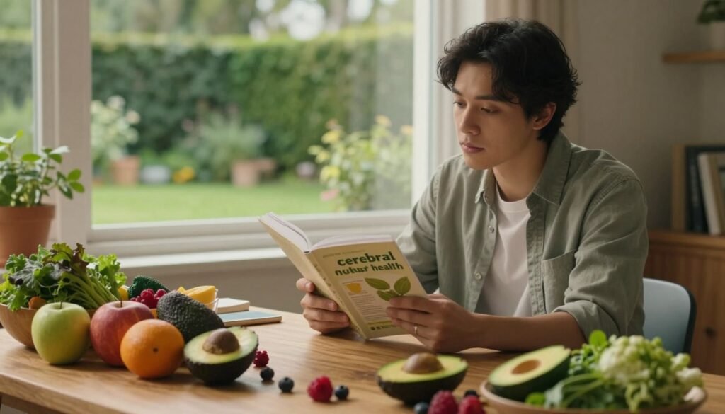 A serene and inviting workspace that symbolizes "cerebral health" and the connection between nutrition and mental health. In the foreground, a wooden desk is adorned with vibrant fruits and vegetables, such as avocados, berries, and leafy greens, suggesting a balanced diet. In the middle ground, a thoughtful person in modest casual clothing sits, studying a nutrition guide, with a contemplative expression. Behind them, a window reveals a peaceful garden, allowing natural light to bathe the scene, creating a warm and uplifting atmosphere. The composition should convey a sense of tranquility and clarity, with soft lighting highlighting the rich colors of the food and the person's focused demeanor. The scene is thoughtfully arranged to inspire a holistic approach to mental wellness through nutrition.