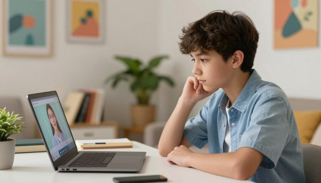 A serene and modern online psychiatry session for teenagers, featuring a young adolescent sitting at a tidy desk in a well-lit room. The adolescent, dressed in casual yet professional clothing, gazes attentively at a laptop screen, their expression reflecting deep thought and engagement. In the foreground, the laptop shows a virtual consultation interface with soft, welcoming colors. The middle ground includes books and a plant, adding a sense of calm and positivity. The background showcases a cozy, personal touch with soft lighting and colorful artwork on the walls, creating an inviting atmosphere. The lighting is warm and soft, enhancing the supportive mood of the session, captured with a subtly focused lens to emphasize the subject's concentration.