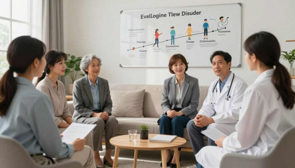 A serene and organized clinical setting representing the phases of treatment for Major Depressive Disorder. In the foreground, a diverse group of professional individuals, including a psychologist and a psychiatrist, engage in a collaborative discussion, dressed in business attire. In the middle ground, a comfortable therapy room with soft lighting, calming colors, and a cozy couch suggests a safe space for patients. In the background, an illustration of a visual timeline on a whiteboard, depicting the stages of treatment, including evaluation, therapy, medication, and follow-up. The atmosphere is hopeful and supportive, conveying a sense of progress and encouragement in mental health treatment. Use natural daylight streaming through a window to enhance the warmth and positivity of the scene. A serene and organized clinical setting representing the phases of treatment for Major Depressive Disorder. In the foreground, a diverse group of professional individuals, including a psychologist and a psychiatrist, engage in a collaborative discussion, dressed in business attire. In the middle ground, a comfortable therapy room with soft lighting, calming colors, and a cozy couch suggests a safe space for patients. In the background, an illustration of a visual timeline on a whiteboard, depicting the stages of treatment, including evaluation, therapy, medication, and follow-up. The atmosphere is hopeful and supportive, conveying a sense of progress and encouragement in mental health treatment. Use natural daylight streaming through a window to enhance the warmth and positivity of the scene.
