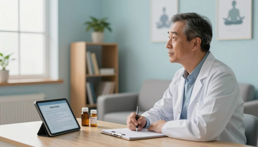 A serene and organized therapy room designed to represent the pillars of OCD treatment. In the foreground, a therapist, a middle-aged man in professional attire, sits at a desk with a notebook and a pen, looking engaged and attentive. In the middle ground, there are visual references to therapy and medication: a bookshelf filled with books on mental health, a small table with prescribed medication bottles, and an open tablet showing therapeutic exercises. In the background, large windows allow soft, natural light to flood the room, creating a calm atmosphere. The walls are painted in soothing colors, with minimalistic art related to mindfulness. The overall mood is hopeful and supportive, inviting viewers to understand the importance of treatment in a respectful, professional context.