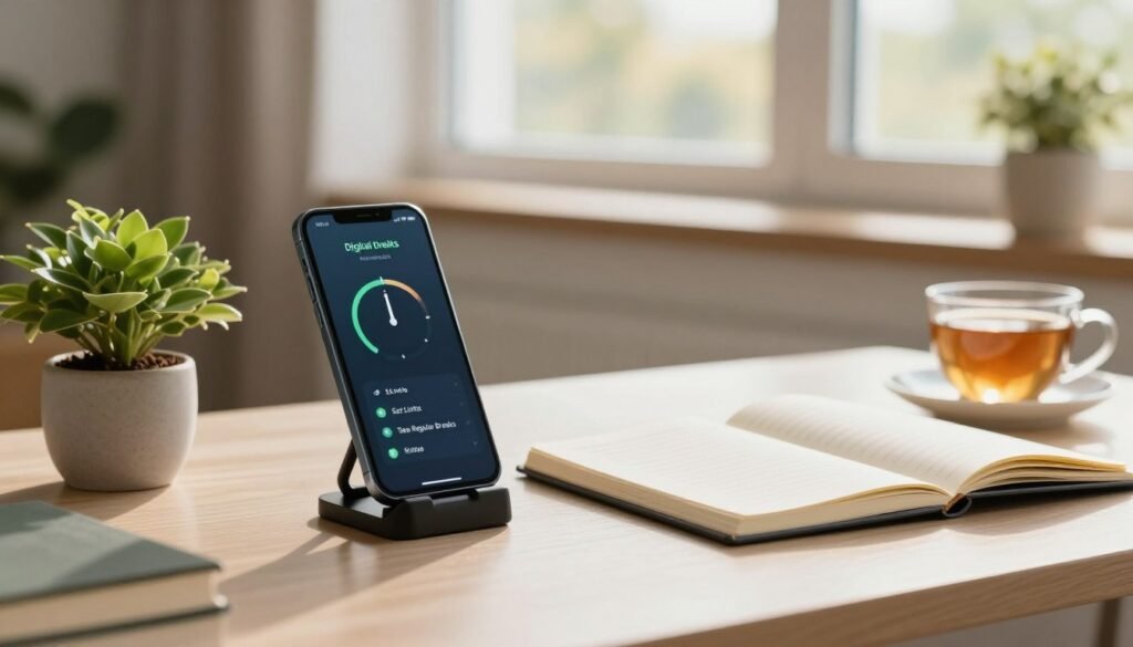 A serene and organized workspace scene depicting strategies for healthy smartphone use. In the foreground, a modern desk features a smartphone on a stand, displaying a timer app for digital breaks. Beside it, a small plant symbolizes mindfulness and nature. In the middle, an open notebook lists practical tips like "Set Limits" and “Take Regular Breaks.” A cup of herbal tea adds a calming touch. In the background, a window reveals a bright, sunny day, enhancing the mood of positivity and clarity. Soft, natural lighting illuminates the scene, creating a warm, inviting atmosphere. A shallow depth of field draws attention to the foreground elements while maintaining a soft focus on the background. The overall aesthetic is tidy and motivating, encouraging healthy phone habits. A serene and organized workspace scene depicting strategies for healthy smartphone use. In the foreground, a modern desk features a smartphone on a stand, displaying a timer app for digital breaks. Beside it, a small plant symbolizes mindfulness and nature. In the middle, an open notebook lists practical tips like "Set Limits" and “Take Regular Breaks.” A cup of herbal tea adds a calming touch. In the background, a window reveals a bright, sunny day, enhancing the mood of positivity and clarity. Soft, natural lighting illuminates the scene, creating a warm, inviting atmosphere. A shallow depth of field draws attention to the foreground elements while maintaining a soft focus on the background. The overall aesthetic is tidy and motivating, encouraging healthy phone habits.