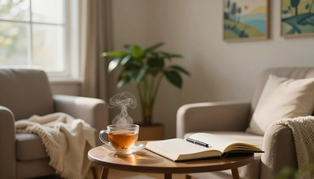A serene and peaceful therapy room, softly lit by warm, natural light streaming through a large window. In the foreground, a comfortable armchair with a lush throw blanket, hinting at a sense of safety and comfort. On a small table beside it, a steaming cup of herbal tea and an open journal with a pen, symbolizing reflection and healing. In the middle ground, a gentle green indoor plant adds a touch of life and tranquility. The background features calming artwork on the walls, depicting soothing nature scenes. An atmosphere of hope and calm permeates the image, inviting contemplation on the theme of anxiety and healing. Focus on soft focus and depth of field to create intimacy, using a slightly elevated angle to capture the warm ambiance of the room.