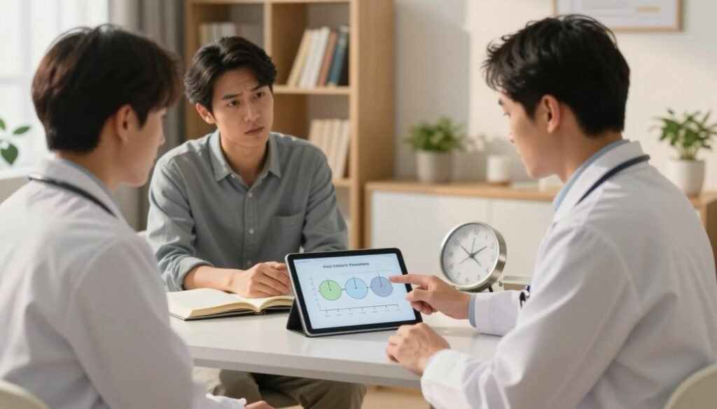 A serene and professional clinical setting featuring a doctor and a patient discussing sleep disorders in a well-lit consultation room. In the foreground, a focused doctor dressed in a white coat is pointing to a diagram of sleep cycles on a tablet, while the patient, wearing smart casual attire, looks engaged and concerned. In the middle ground, there's a simple desk with medical books and a clock indicating it's daytime, symbolizing the importance of time in seeking treatment. The background includes softly lit shelves filled with medical journals and calming decorations like plants, creating a warm and inviting atmosphere. The overall mood is one of reassurance and professionalism, emphasizing the importance of medical consultation for sleep disturbances. The lighting is natural and warm, casting soft shadows to enhance the comforting environment. A serene and professional clinical setting featuring a doctor and a patient discussing sleep disorders in a well-lit consultation room. In the foreground, a focused doctor dressed in a white coat is pointing to a diagram of sleep cycles on a tablet, while the patient, wearing smart casual attire, looks engaged and concerned. In the middle ground, there's a simple desk with medical books and a clock indicating it's daytime, symbolizing the importance of time in seeking treatment. The background includes softly lit shelves filled with medical journals and calming decorations like plants, creating a warm and inviting atmosphere. The overall mood is one of reassurance and professionalism, emphasizing the importance of medical consultation for sleep disturbances. The lighting is natural and warm, casting soft shadows to enhance the comforting environment.