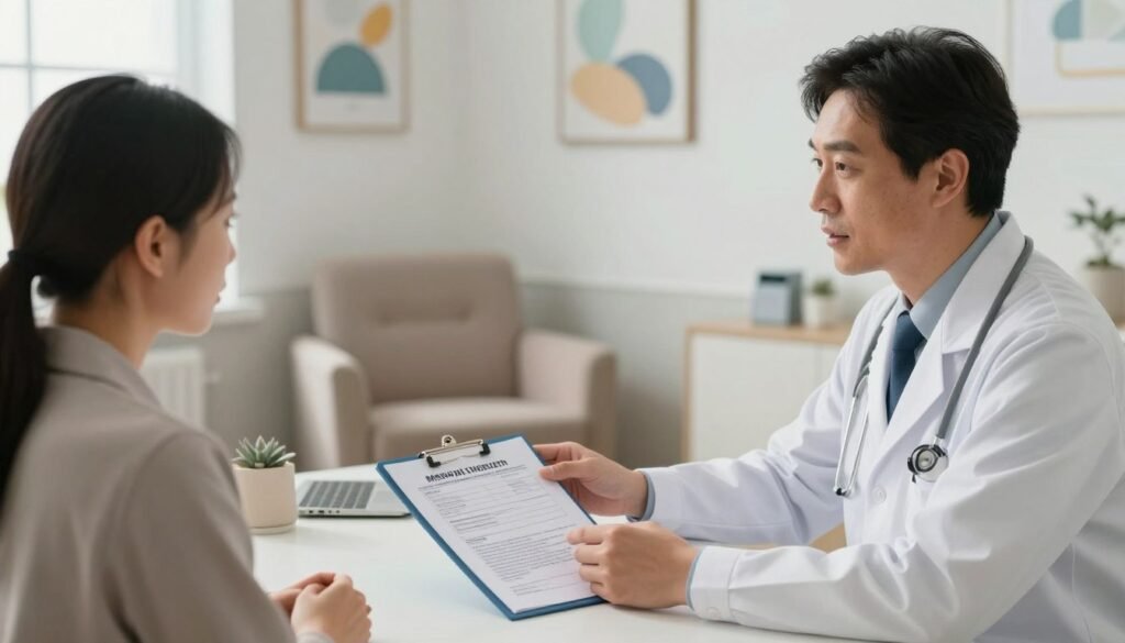 A serene and professional healthcare environment, featuring a well-lit consultation room. In the foreground, a compassionate doctor in business attire, attentively speaking with a patient who appears uncertain but willing to seek help. The doctor is gesturing towards a medical chart on the desk, highlighting the importance of understanding mental health. In the middle ground, a comfortable chair is positioned opposite the desk, signifying a safe space for discussion. The background shows calming artwork on the walls, with soft natural light coming through a window, creating a soothing ambiance. The mood is one of trust and support, encouraging individuals to seek specialized medical assistance when needed. The focus is on the human connection in a professional setting, ensuring a respectful representation of mental health discussions. A serene and professional healthcare environment, featuring a well-lit consultation room. In the foreground, a compassionate doctor in business attire, attentively speaking with a patient who appears uncertain but willing to seek help. The doctor is gesturing towards a medical chart on the desk, highlighting the importance of understanding mental health. In the middle ground, a comfortable chair is positioned opposite the desk, signifying a safe space for discussion. The background shows calming artwork on the walls, with soft natural light coming through a window, creating a soothing ambiance. The mood is one of trust and support, encouraging individuals to seek specialized medical assistance when needed. The focus is on the human connection in a professional setting, ensuring a respectful representation of mental health discussions.