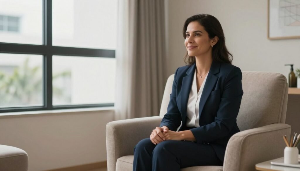 A serene and professional mental health clinic environment in Brazil, soft natural lighting through a large window, a comfortable armchair, Dra. Helloyze Ferreira Ancelmo looking empathetic and welcoming, high definition, photorealistic, 8k.