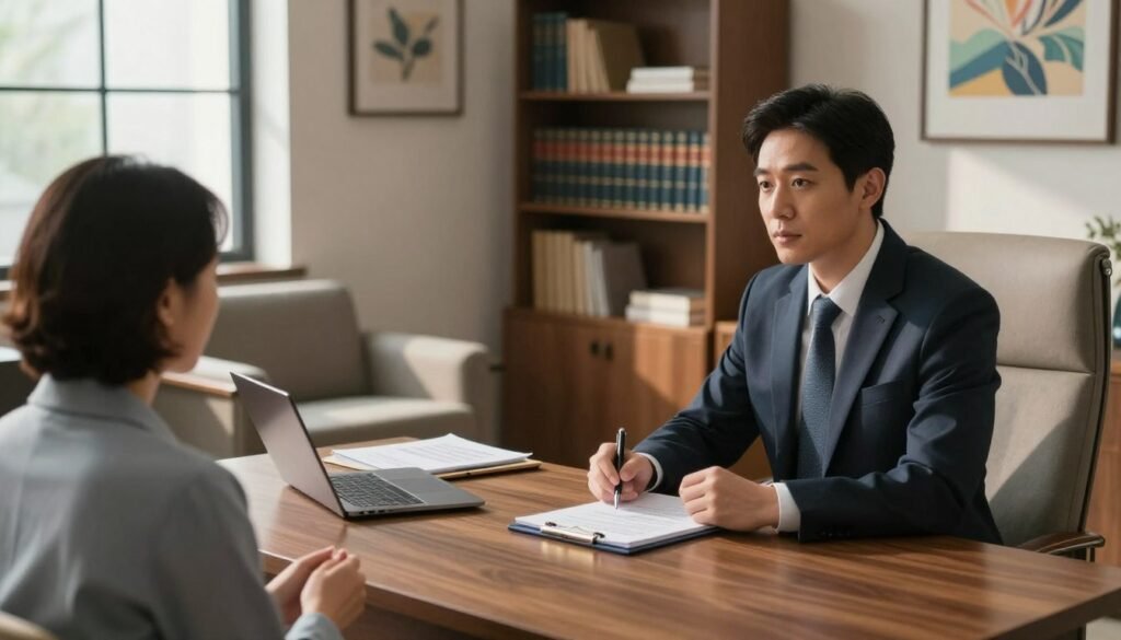 A serene and professional psychiatrist’s office, focusing on a consultation setting. In the foreground, a well-dressed psychiatrist in business attire, seated at a sleek wooden desk, holding a notepad and pen, attentively engaging with a client. In the middle ground, a comfortable chair opposite the desk, a small coffee table with a psychiatric assessment form and a laptop. The background features shelves lined with psychology books and calming artwork on the walls, enhancing the atmosphere of professionalism and trust. Natural light filters through a large window, casting soft shadows, creating a warm and inviting mood. Shot with a medium lens from an eye-level perspective, emphasizing the connection between the psychiatrist and the client.